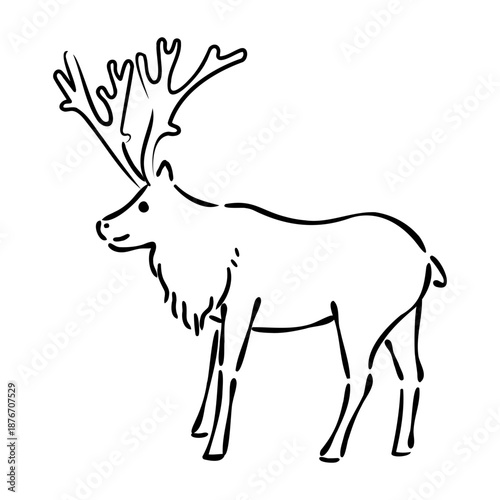 トナカイのゆるかわいい手描き線画イラスト（横向き）