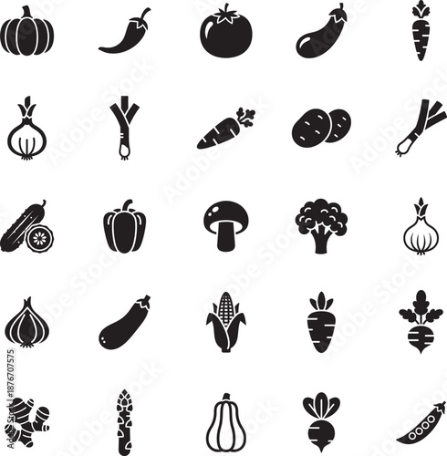 Vegetables and Healthy Food Silhouette icon collection. Includes Silhouette symbols pumpkin, carrot, tomato, onion, broccoli and more. Isolated icons. Vegetable icon set. Minimalist icons pack.