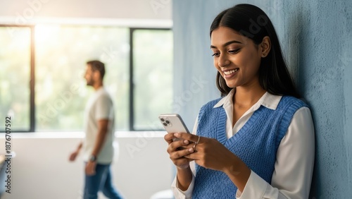 Smiling Indian Woman Using Smartphone in Modern Office Environment.