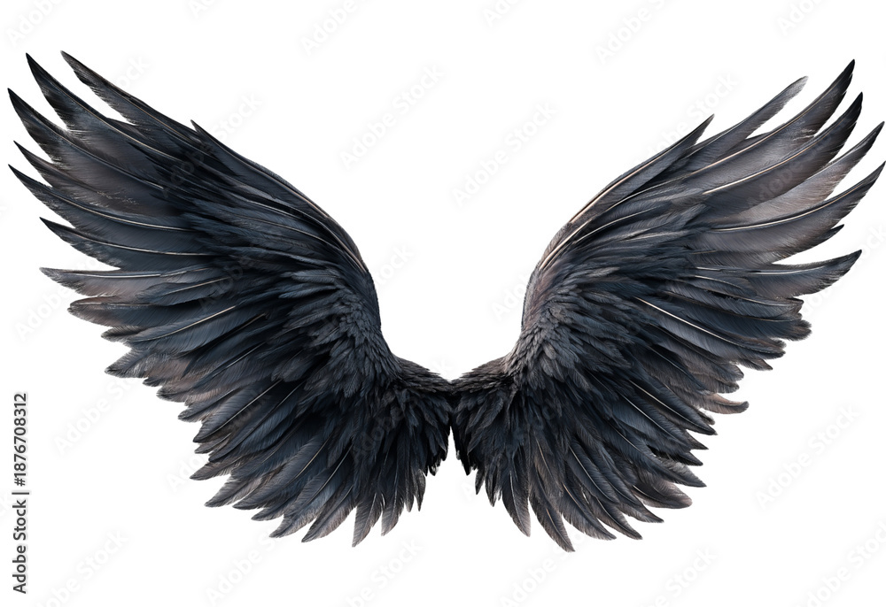 Fototapeta premium Detailed dark grey feathered wings spread symmetrically against a dark background isolated on a transparent background