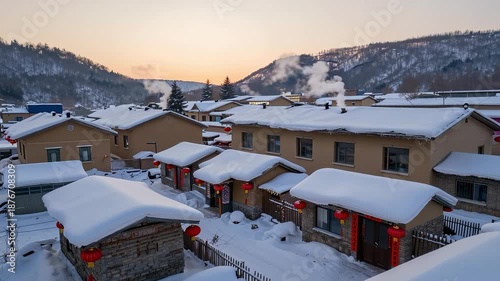 Snowy Village Houses with Smoke and Lanterns at Dusk