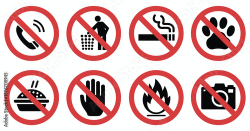 Prohibited icons set, a vector collection featuring no cell phone, no litter, no smoking, no pets, no eating or drinking, do not touch, no fire, and no photography symbols, ideal for safety 