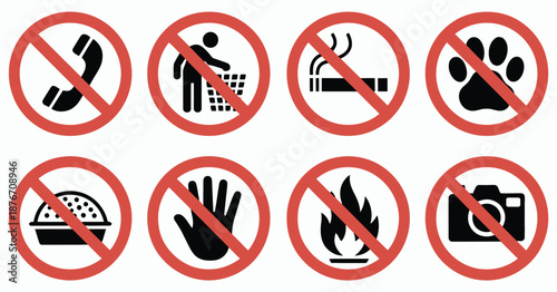 Prohibited icons set, featuring no cell phone, no litter, no smoking, no pets, no eating or drinking, do not touch, no fire, and no photography symbols, vector graphics for safety signage