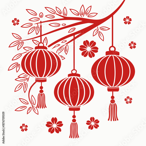 Hanging Chinese Lanterns on Tree Branch Line Art Illustration
