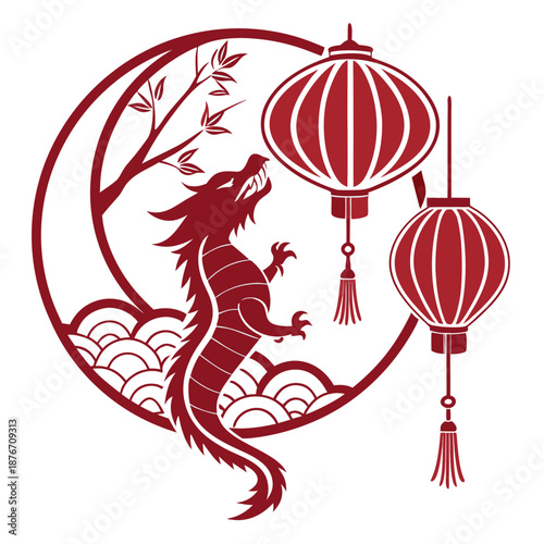 Chinese Dragon and Lanterns Silhouette Illustration for Lunar New Year Decoration