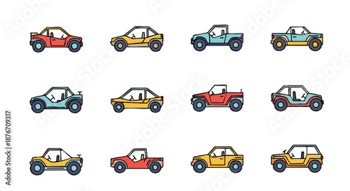 Vibrant Cartoon Collection of All-Terrain Vehicles and Dune Buggies, Perfect for Outdoor Sports, Adventure Designs, and Off-Road Recreation
