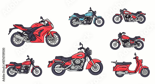 Collection of diverse motorized two-wheeled vehicles including sport bikes, cruisers, and scooters for transportation and leisure