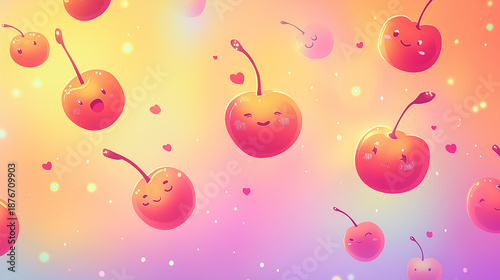 Cute kawaii cherries floating background pattern
