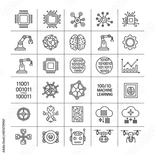 Artificial Intelligence, Robotics, and Big Data Modern Technology Line Icons Set