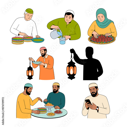 Muslims Preparing for the holy month: a collection of illustrations depicts people engaged in preparations related to Islam. Capturing the spirit of fasting, prayer, and acts of charity.