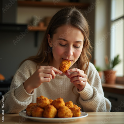 Young Woman Enjoying Crispy Chicken Nuggets In A Cozy Kitchen.