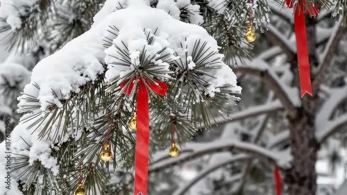 Snowy pine branches decorated with red ribbons and gold bells