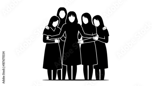 Five women in solidarity with arms around each other in black