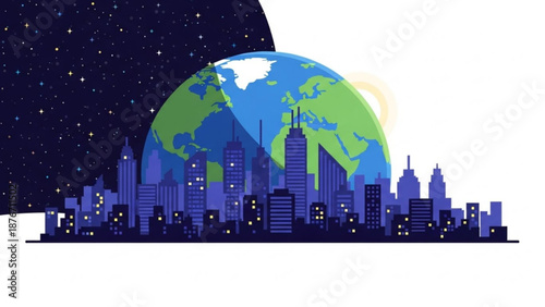 City skyline at night with globe earth background