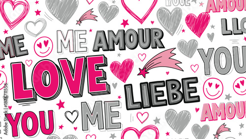 Vector Illustration of Romantic Love Typography: 'Love, Amour, Liebe' Words with Hearts, Stars & Smileys - Valentine's Day Pink Design, Vector Illustration