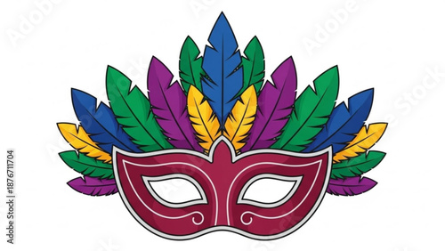 Vibrant red carnival mask with colorful feathers on white background