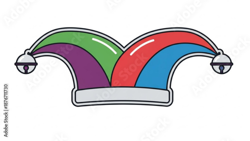 Colorful cartoon jester hat with bells on white background