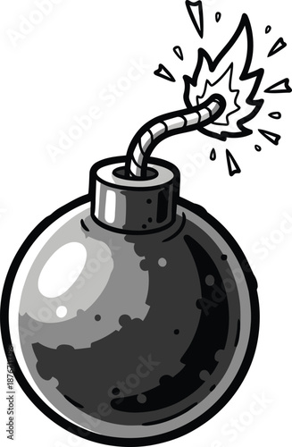 Vector Illustration of Pixel Art Bomb: Retro Explosive Device with Burning Fuse - 8-bit Danger, Threat, Destruction, Gaming Icon, Black Background, Vintage Style