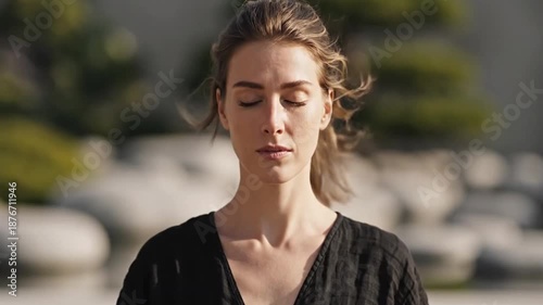 Embodying the concept of profound inner peace and mental tranquility, a serene woman finds calm through mindful self-reflection in nature