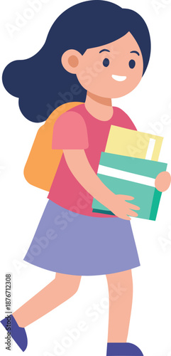 Girl Carrying School Books Flat Vector Silhouette Style