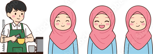 Barista preparing coffee and Muslim woman facial expressions set flat vector illustration for lifestyle design