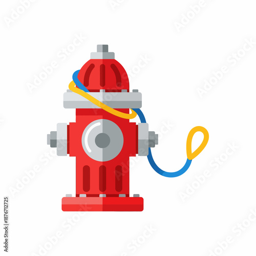 A vibrant red fire hydrant with a blue and yellow dog leash wrapped around its top, depicted in a clean flat vector illustration style.