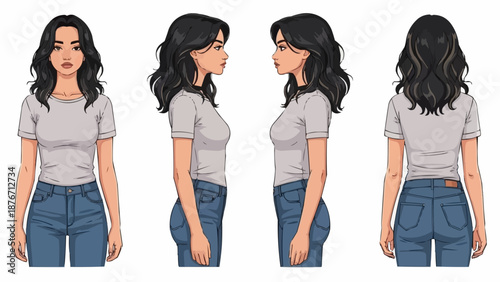 Young Woman Character Design Front Side Back Views.