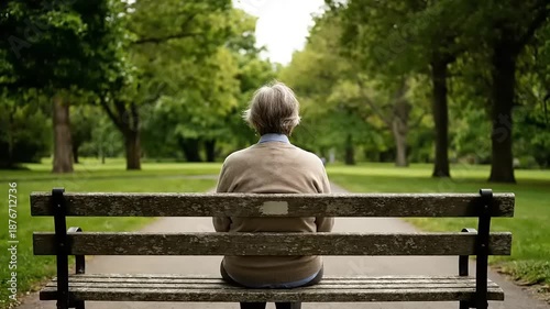 Elderly individual reflecting on life while enjoying the serene park location on a peaceful day