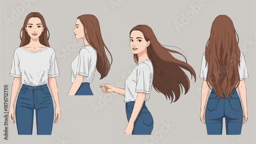 Young Woman Character Design Front Side Back View.