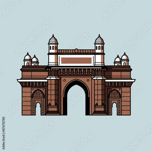 Stylized illustration of the iconic Gateway of India monument in Mumbai, featuring its distinctive arch and domes against a light blue background.