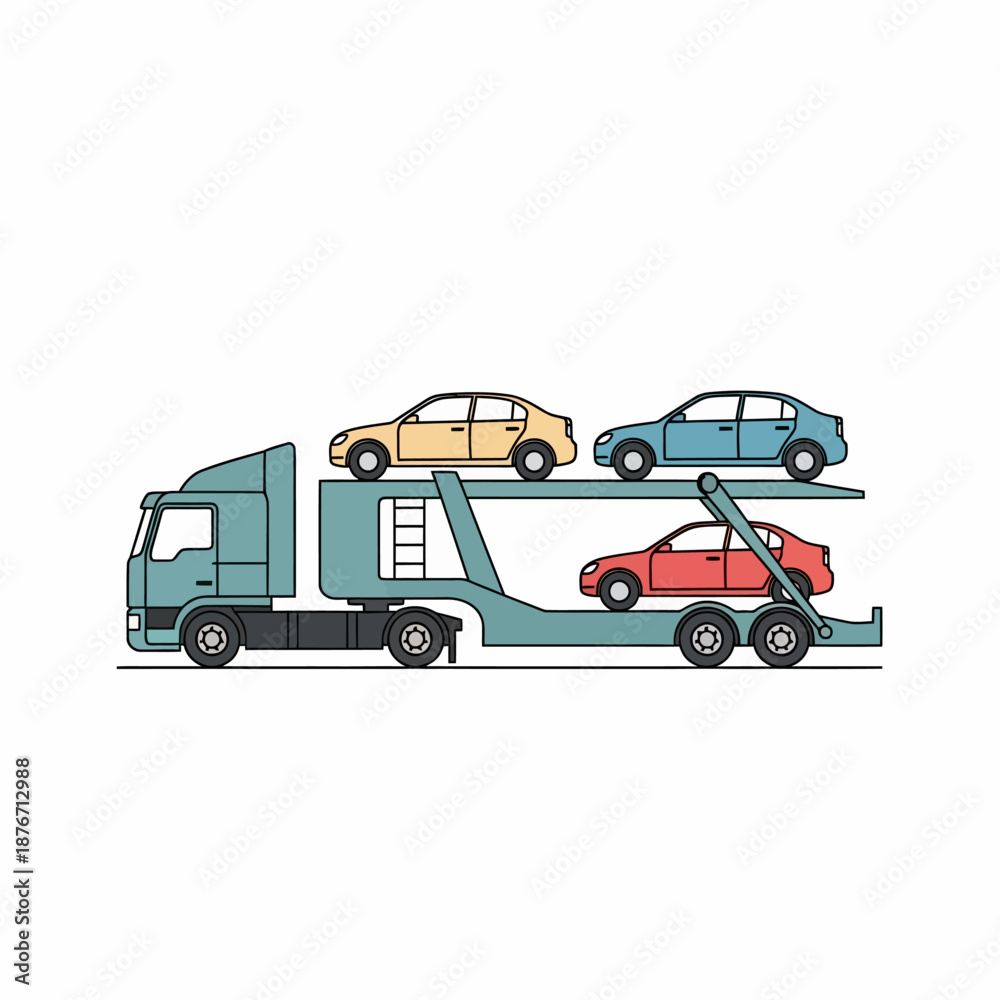 Fototapeta premium A detailed illustration of a car carrier truck transporting four vehicles on its two-level trailer, depicted in a clean line art style.