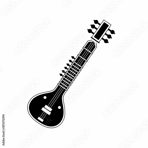 Black and white illustration of a traditional Indian stringed musical instrument, resembling a sitar or veena, with multiple strings and a long neck.