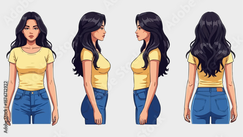 Woman Character Design Front Side Back View.