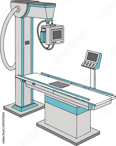 Detailed 3D isometric view of a hospital operating room with X-ray scan medical equipment, isolated with no background for clean integration.