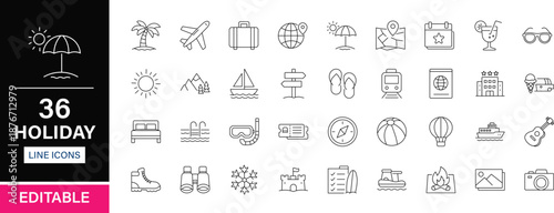 Holiday editable line icons pack. Travel, vacation, beach, flight, luggage, hotel, passport, map, camera, sun, cruise, camping, adventure, sightseeing and more icons.