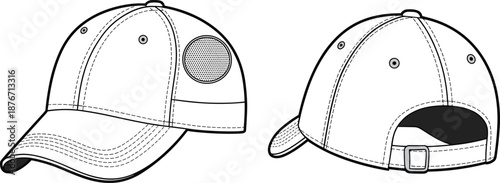 Baseball cap fashion technical drawing with angled front and back views, adjustable strap detail, CAD flat vector illustration, headwear apparel design template