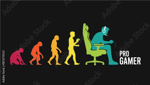 Evolution of a Pro Gamer - Funny Colorful Silhouette Human Progress to Video Gaming Illustration