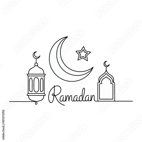 Ramadan Celebration Symbol: A minimalist line drawing depicts a crescent moon, a star, and a traditional lantern, evoking the spirit of Ramadan with simplicity and elegance.