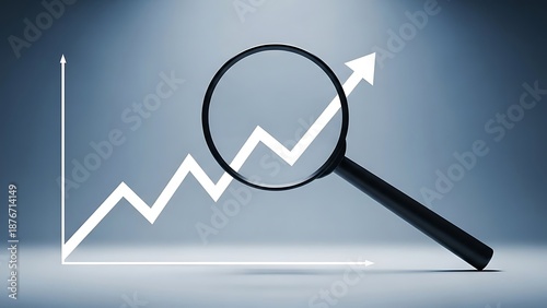 Magnifying glass over white upward trending graph with arrow on blue gradient background chart increase