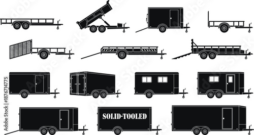 Black silhouette icon set of utility and cargo trailers including flatbed, dump, enclosed, equipment, and industrial transport hauling designs