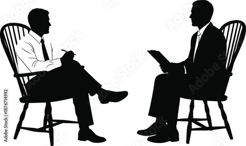 Black and white silhouette illustration of two businessmen seated in chairs having professional interview discussion concept counseling meeting conversation corporate