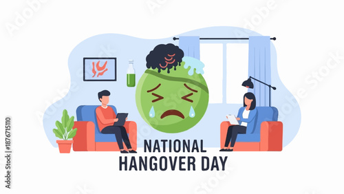 Two people rest on couches while a sad, green, broccoli-like character with a headache sweats