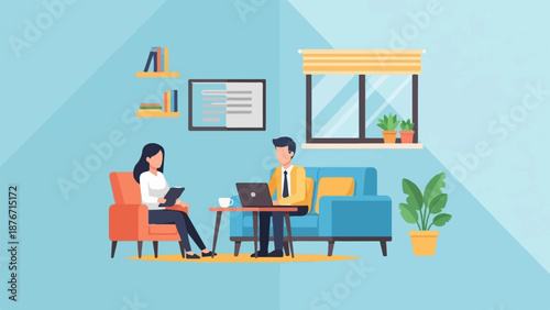 Two people converse in a modern living room with a laptop, sofa, and plants