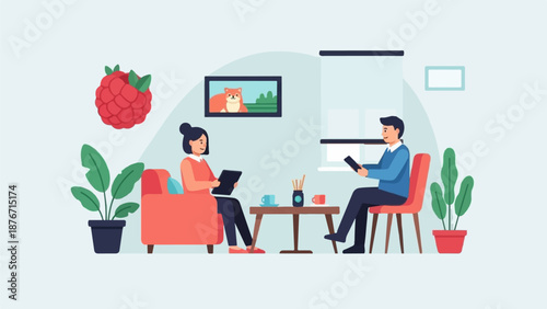 Two people converse in a room with a raspberry and a dog painting