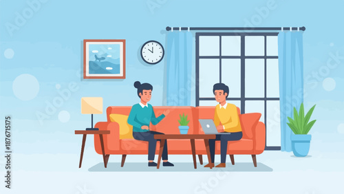 Two people converse in a living room with a couch, plants, and a laptop