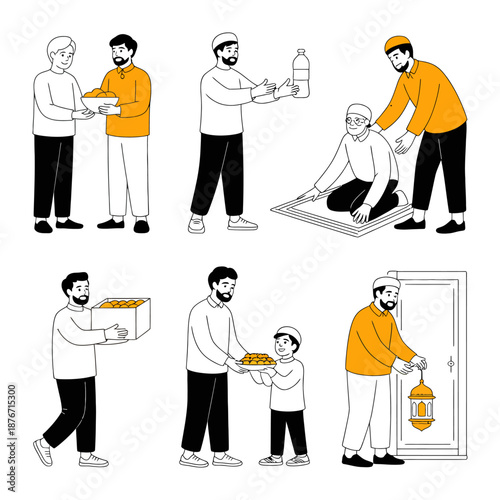 Generosity in Daily Life: A collection of illustrations depicting moments of giving and sharing in various life situations. This scene symbolizes the essence of kindness.
