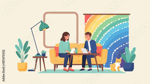 Two people discussing documents on a sofa with a cat and plants