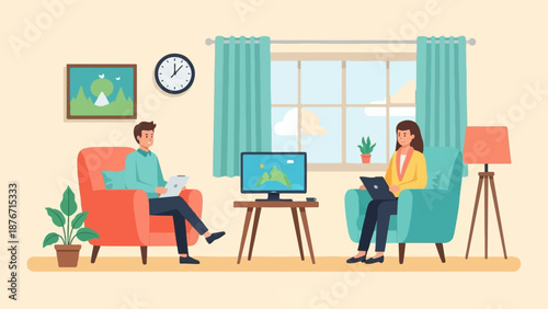 Two people relax in armchairs, each with a tablet or laptop, in a cozy room