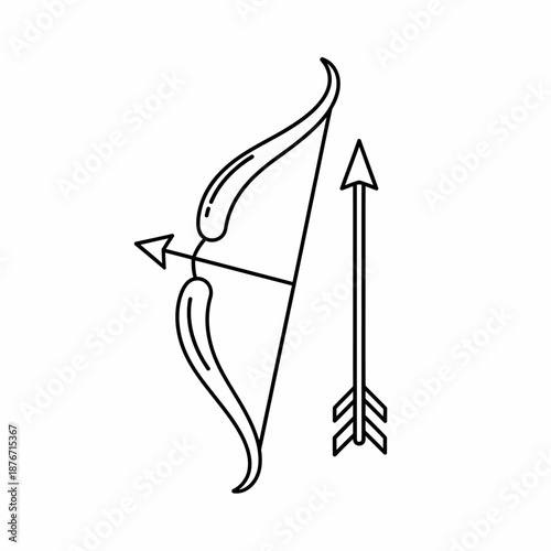 Simple line art illustration of a bow and arrow set, depicting a traditional archery weapon with an arrow nocked and another standing beside it.