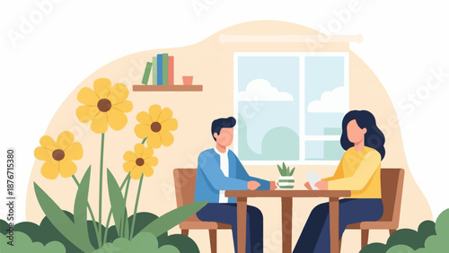 Two people enjoy a pleasant conversation at a table outdoors, with flowers blooming nearby